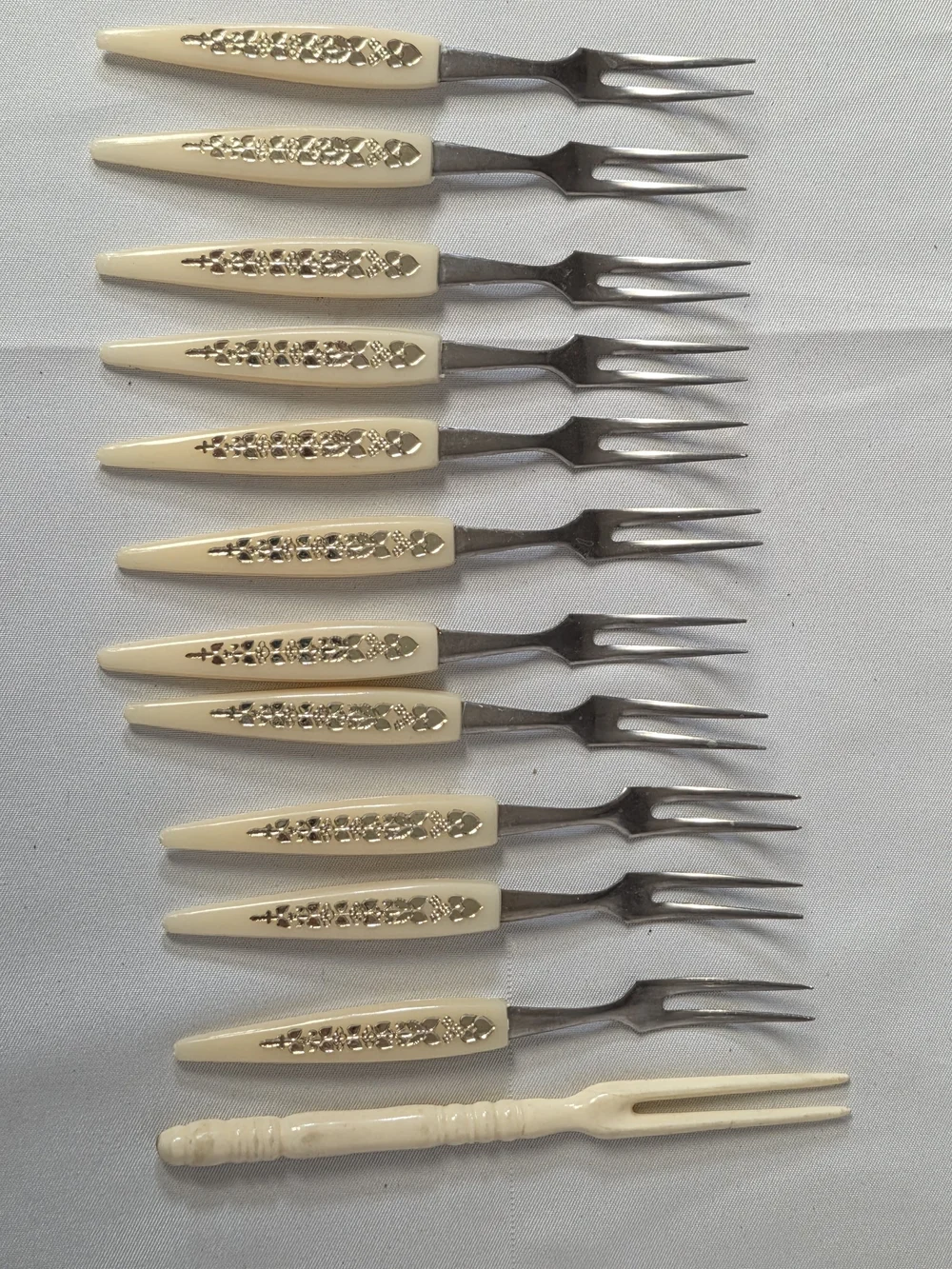 Set of 11 Vintage‎ Bakelite Ivory Handled Appetizer Forks